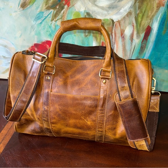 Leather Distressed Overnight Duffel Bag Carry on Weekender Shoulder Strap